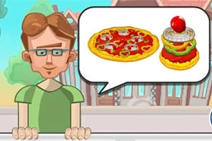 Un personaj animat cu ochelari și păr castaniu, în fața unei clădiri, arătând un balon de dialog cu imagini ale unei pizza și unui burger