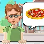 Un personaj animat cu ochelari și păr castaniu, în fața unei clădiri, arătând un balon de dialog cu imagini ale unei pizza și unui burger