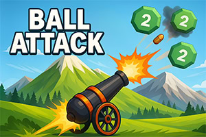 Tun care trage spre cuburi verzi numerotate, pe fundal de munți, cu textul „BALL ATTACK