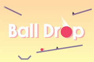 Textul „Ball Drop” pe un fundal galben deschis, cu o minge roșie și forme geometrice violet