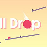 Textul „Ball Drop” pe un fundal galben deschis, cu o minge roșie și forme geometrice violet