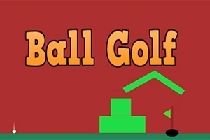 Textul Ball Golf în galben pe un fundal roșu, cu forme geometrice verzi și o platformă verde în partea de jos