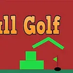 Textul Ball Golf în galben pe un fundal roșu, cu forme geometrice verzi și o platformă verde în partea de jos