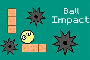Un fundal verde cu un cerc galben cu față, blocuri maro, stele negre ascuțite și text alb Ball Impact