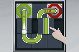 Interfață cu un puzzle unde o mână mută o piesă pentru a crea un drum continuu pentru o bilă albă pe un traseu curbat verde, într-un cadru pătrat