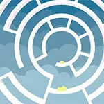 Un labirint circular alb pe un fundal albastru cu nori