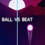 Un peisaj nocturn stilizat cu munți, un cer violet-roșu, un soare plin și o sferă luminoasă în dreapta, cu textul BALL VS BEAT în mijloc