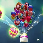 Baloane colorate cu diverse modele și steaguri naționale ridicându-se de la o bază luminoasă, însoțite de un efect luminos și o mână care apasă un buton