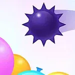 Baloane colorate și o formă violet cu țepi pe fundal alb