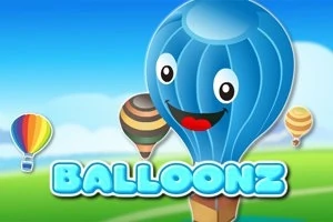 Balon albastru cu față zâmbitoare și ochi mari, înconjurat de alte baloane colorate pe un fundal de cer senin și câmp verde, cu textul „BALLOONZ” dedesubt