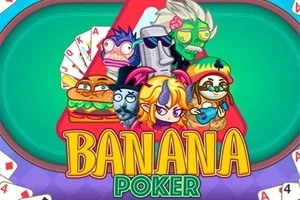 Personaje animate diverse așezate într-un triunghi cu cărți de joc în fundal, având textul Banana Poker în față