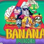 Personaje animate diverse așezate într-un triunghi cu cărți de joc în fundal, având textul Banana Poker în față