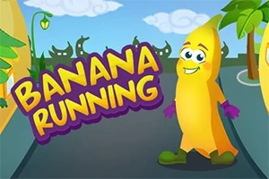 Banana zâmbitoare cu mănuși mov pe un drum, însoțită de titlul Banana Running, pe fundal de oraș stilizat și palmieri