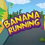 Banana zâmbitoare cu mănuși mov pe un drum, însoțită de titlul Banana Running, pe fundal de oraș stilizat și palmieri