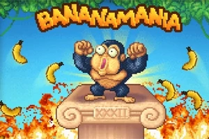 Un cimpanzeu animat stă pe un piedestal cu inscripția XXXII, înconjurat de banane zburătoare și flăcări, sub un logo cu textul BANANAMANIA