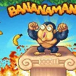 Un cimpanzeu animat stă pe un piedestal cu inscripția XXXII, înconjurat de banane zburătoare și flăcări, sub un logo cu textul BANANAMANIA