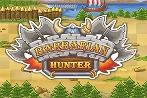 Siglă cu arme încrucișate și denumirea Barbarian Hunter pe un fundal de peisaj animat cu copaci și o corabie pe apă