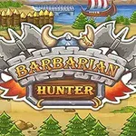 Siglă cu arme încrucișate și denumirea Barbarian Hunter pe un fundal de peisaj animat cu copaci și o corabie pe apă