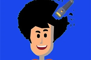 Imaginea prezintă un personaj cu părul afro pe un fundal albastru, care este tuns cu o mașină de tuns electrică