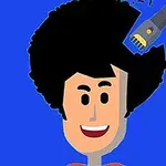 Imaginea prezintă un personaj cu părul afro pe un fundal albastru, care este tuns cu o mașină de tuns electrică