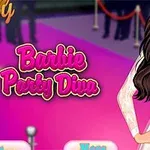 O femeie stilată într-o rochie albă elegantă pe un fundal roz cu inscripția Party Diva