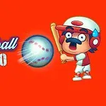 Personaj desenat în echipament de baseball pregătit să lovească o minge, pe un fundal roșu, alături de textul „Baseball Hero”