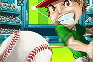 Un personaj de desene animate cu șapcă roșie și tricou verde care lovește o minge de baseball pe un stadion
