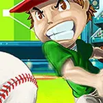 Un personaj de desene animate cu șapcă roșie și tricou verde care lovește o minge de baseball pe un stadion