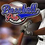 Un jucător de baseball lovește o minge cu o bâtă, purtând un echipament alb cu dungi și o cască neagră, având în fundal un logo cu textul Baseball Pro