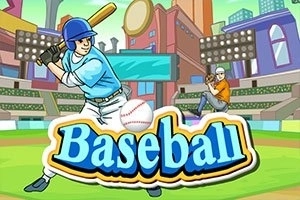 Jucător de baseball în echipament albastru, gata să lovească mingea, cu un stadion și oraș stilizat în fundal și cuvântul Baseball în prim-plan