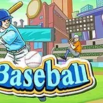 Jucător de baseball în echipament albastru, gata să lovească mingea, cu un stadion și oraș stilizat în fundal și cuvântul Baseball în prim-plan