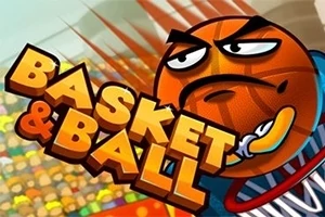 O minge de baschet animată cu o față încruntată și mâini, lângă textul Basket & Ball pe un fundal cu spectatori colorați