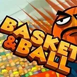 O minge de baschet animată cu o față încruntată și mâini, lângă textul Basket & Ball pe un fundal cu spectatori colorați