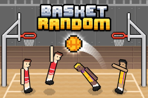 Patru jucători de baschet pixel art pe un teren cu doi coșuri și o minge în mișcare, sub un titlu cu textul Basket Random
