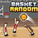 Patru jucători de baschet pixel art pe un teren cu doi coșuri și o minge în mișcare, sub un titlu cu textul Basket Random