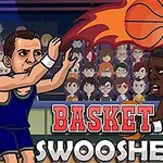 Doi jucători de baschet desenați în stil de desene animate, unul aruncă o minge de baschet în flăcări, cu un public în fundal și textul Basket Swooshes în față
