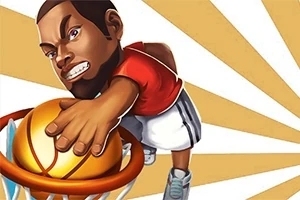 Personaj animat face un slam dunk la baschet, îmbrăcat în tricou roșu și pantaloni scurți albi, pe un fundal cu dungi aurii