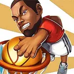 Personaj animat face un slam dunk la baschet, îmbrăcat în tricou roșu și pantaloni scurți albi, pe un fundal cu dungi aurii