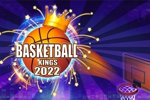 Minge de baschet cu o coroană de aur deasupra și textul Basketball Kings 2022 pe un fundal vibrant, cu un coș de baschet în colț
