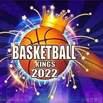 Minge de baschet cu o coroană de aur deasupra și textul Basketball Kings 2022 pe un fundal vibrant, cu un coș de baschet în colț