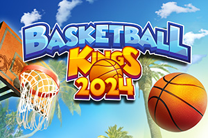 Logo-ul Basketball Kings 2024 cu un coș de baschet și minge pe un fundal de cer senin cu palmieri