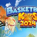 Logo-ul Basketball Kings 2024 cu un coș de baschet și minge pe un fundal de cer senin cu palmieri