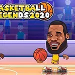 Personaje de desene animate jucând baschet într-o arenă, sub un banner cu text colorat
