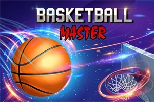 Minge de baschet în mișcare către un coș, cu fundal cosmic și lumini colorate, având textul Basketball Master