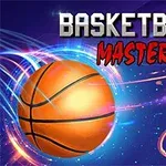 Minge de baschet în mișcare către un coș, cu fundal cosmic și lumini colorate, având textul Basketball Master