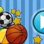 Mingi de fotbal și baschet și stele galbene pe fundal albastru cu o pictogramă de redare în centru