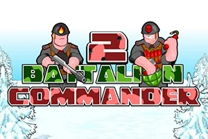 Doi soldați desenați animat, ținând arme, stau deasupra textului 2 Battalion Commander pe un fundal înzăpezit