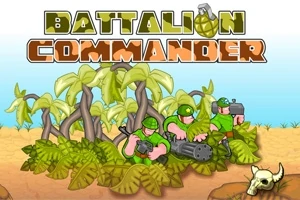 Soldați în uniformă verde cu arme stând în spatele vegetației, cu un craniu de animal în prim-plan și titlul „Battalion Commander” deasupra