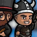 Două personaje animate zâmbitoare, unul purtând un joben și ținând o armă, iar celălalt un coif cu coarne și o armă
