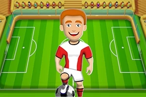 Un personaj de desene animate îmbrăcat într-un echipament de fotbal, alături de o minge, stă pe un teren de fotbal stilizat, cu tribune pline în fundal
